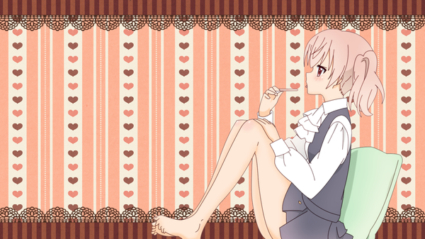 Anime picture 1920x1080 with inu x boku ss david production roromiya karuta single blush highres short hair red eyes wide image sitting twintails pink hair barefoot short twintails girl uniform school uniform heart pillow