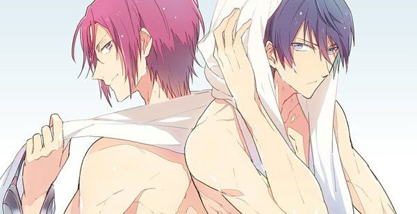 Anime picture 900x462 with free! kyoto animation matsuoka rin nanase haruka (free!) nic (kevin) looking at viewer short hair simple background smile wide image purple eyes blue hair pink hair profile pink eyes grey background multiple boys wet towel around neck boy