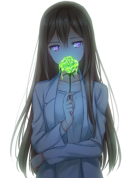 Anime picture 600x800 with steins;gate white fox makise kurisu mizuki riko single long hair tall image looking at viewer fringe simple background hair between eyes brown hair white background purple eyes holding upper body head tilt covered mouth girl flower (flowers)