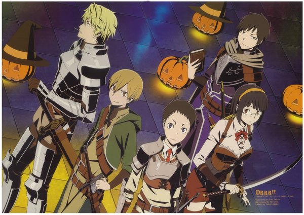 Anime picture 1600x1131 with durarara!! brains base (studio) orihara izaya heiwajima shizuo sonohara anri kida masaomi ryuugamine mikado short hair black hair blonde hair brown eyes black eyes scan official art multiple boys halloween smoking girl boy weapon