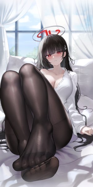 Anime picture 2482x4961 with blue archive rio (blue archive) rydr93 single long hair tall image looking at viewer blush fringe highres breasts light erotic black hair red eyes large breasts full body bent knee (knees) indoors blunt bangs head tilt