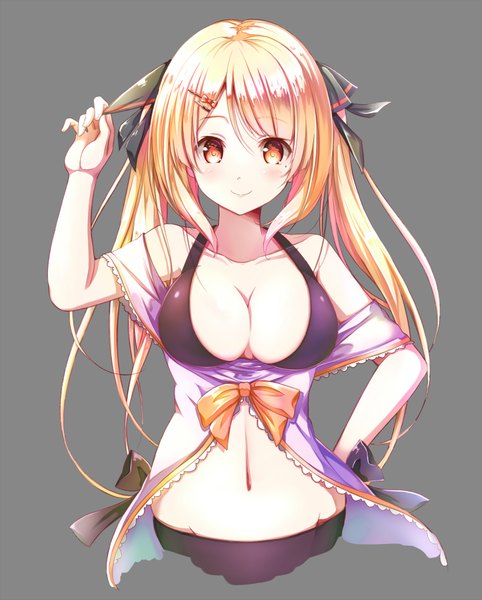 Anime picture 1600x1991 with original sekiyu single long hair tall image looking at viewer blush breasts light erotic simple background blonde hair smile twintails bare shoulders yellow eyes cleavage mole hand on hip mole under eye girl