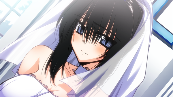 Anime picture 1280x720 with nemureru hana wa haru o matsu (game) short hair black hair wide image game cg grey eyes girl dress wedding dress