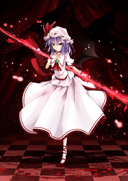 Anime picture 1200x1696 with touhou remilia scarlet cloudy.r single tall image short hair red eyes purple hair checkered floor girl dress weapon wings blood wrist cuffs bonnet spear polearm spear the gungnir