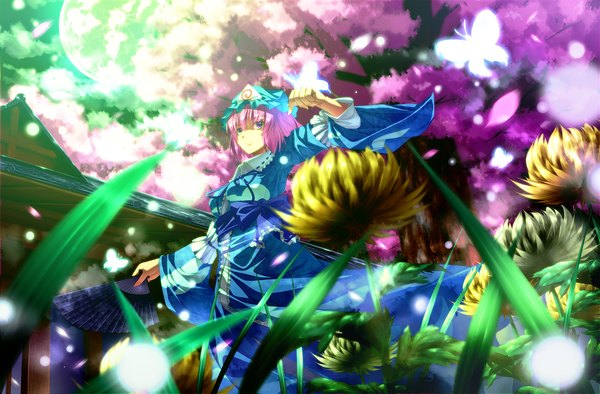 Anime picture 1520x1000 with touhou saigyouji yuyuko ryosios single short hair pink hair pink eyes girl dress flower (flowers) plant (plants) petals tree (trees) insect butterfly bonnet fan