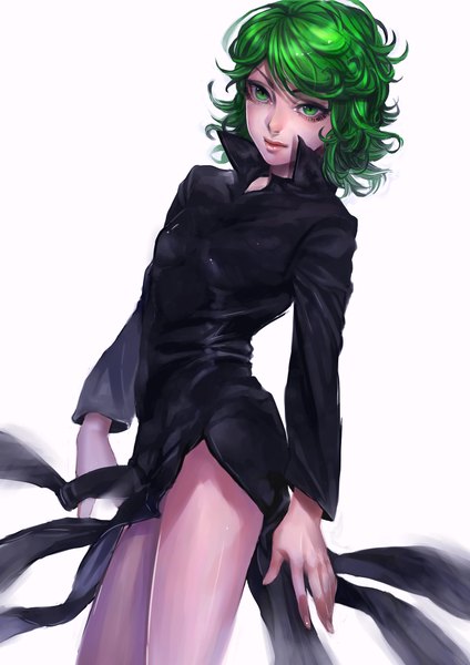 Anime picture 1240x1754 with one-punch man madhouse tatsumaki tenobe single tall image short hair simple background white background green eyes looking away green hair lips legs curly hair girl dress black dress