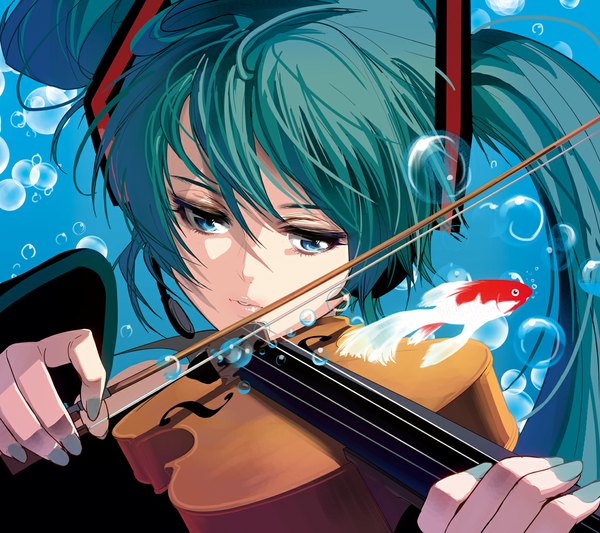 Anime picture 1125x1000 with vocaloid hatsune miku masao single looking at viewer blue eyes twintails very long hair aqua hair girl bubble (bubbles) fish (fishes) violin bow (instrument)