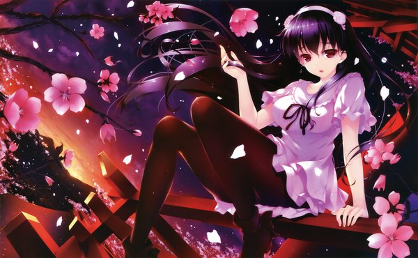 Anime picture 5339x3300 with shoujo shin'iki okushiro yuki hayakawa harui single long hair looking at viewer highres open mouth red eyes wide image sitting absurdres purple hair scan night cherry blossoms girl dress plant (plants) petals