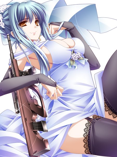 Anime picture 1200x1600 with original moneti (daifuku) single long hair tall image looking at viewer breasts light erotic simple background white background yellow eyes blue hair girl thighhighs dress weapon black thighhighs gun