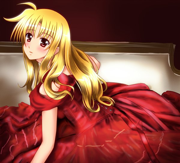 Anime picture 1163x1053 with mahou shoujo lyrical nanoha mahou shoujo lyrical nanoha strikers fate testarossa diesel-turbo long hair blonde hair red eyes ahoge girl dress red dress