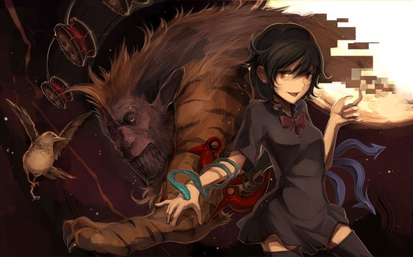 Anime picture 1201x750 with touhou houjuu nue shimadoriru short hair open mouth black hair wide image brown eyes girl dress bow animal wings bird (birds) monster claws snake