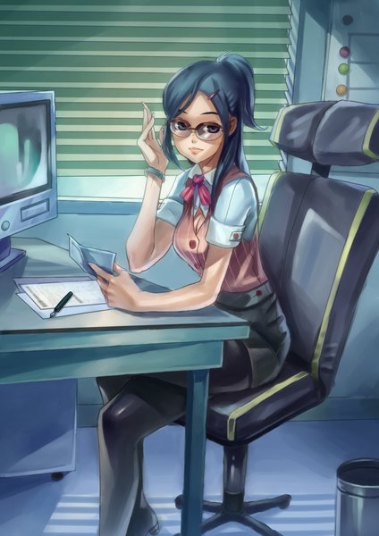 Anime picture 2480x3507 with original lascalis (artist) single long hair tall image looking at viewer highres black hair sitting ponytail black eyes crossed legs girl hair ornament glasses hairclip chair paper pen computer