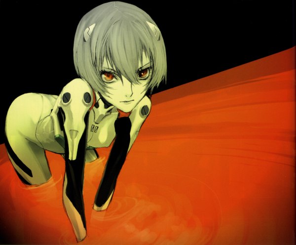 Anime picture 2719x2250 with neon genesis evangelion rebuild of evangelion evangelion: 2.0 you can (not) advance gainax ayanami rei miwa shirow single highres short hair yellow eyes white hair pale skin on all fours girl bodysuit pilot suit