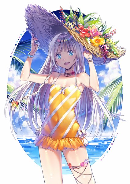 Anime picture 600x847 with original dsmile single long hair tall image looking at viewer fringe open mouth blue eyes standing bare shoulders sky cloud (clouds) white hair braid (braids) shadow shiny skin single braid covered navel summer