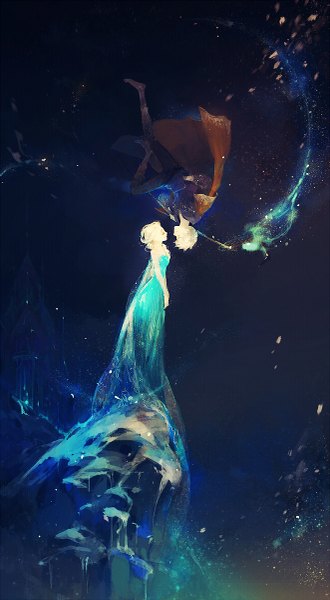 Anime picture 661x1200 with frozen (disney) rise of the guardians disney dreamworks elsa (frozen) jack frost (rise of the guardians) sevnilock long hair tall image short hair smile standing bent knee (knees) braid (braids) eyes closed lips magic single braid glowing face to face