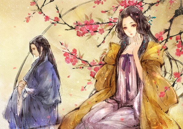 Anime picture 1417x1003 with original kei shu (artist) long hair brown hair sitting brown eyes traditional clothes profile cherry blossoms girl dress boy flower (flowers) plant (plants) petals tree (trees) leaf (leaves) branch purple dress