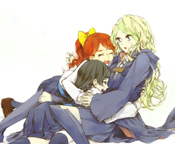 Anime picture 1190x980 with little witch academia studio trigger diana cavendish barbara parker hanna england kakmxxxny06 long hair open mouth blue eyes black hair blonde hair simple background white background sitting multiple girls eyes closed pleated skirt orange hair hug tears