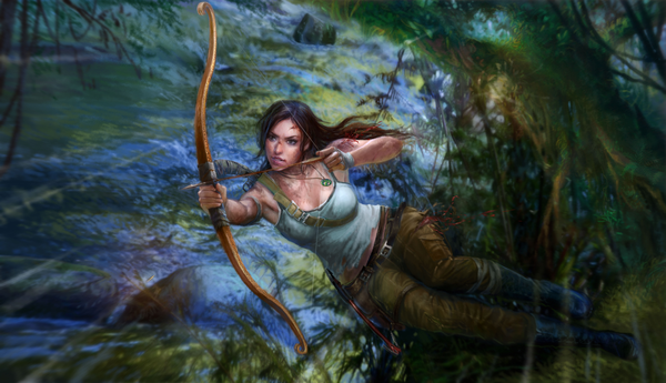 Anime picture 6081x3500 with tomb raider lara croft single long hair blush highres open mouth black hair wide image bare shoulders absurdres black eyes armpit (armpits) injury girl weapon plant (plants) shirt tree (trees) water