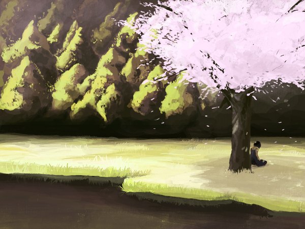 Anime picture 1600x1200 with gemi single black hair cherry blossoms landscape girl plant (plants) petals tree (trees) water forest