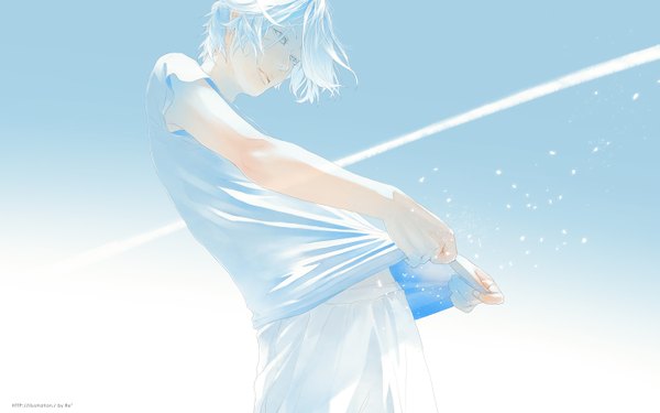 Anime picture 1413x884 with original re (artist) single short hair blue eyes smile standing blue hair sky white hair multicolored hair two-tone hair boy
