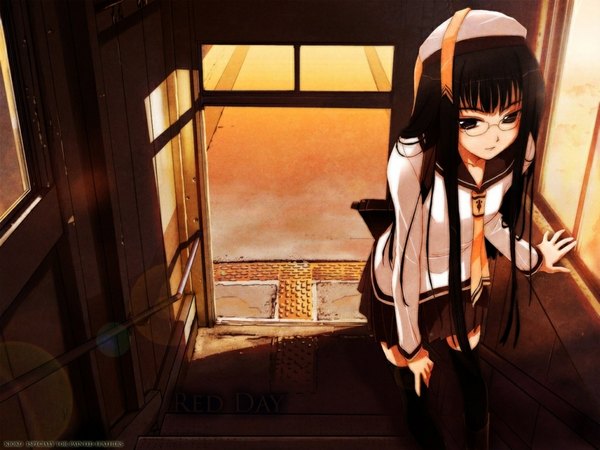 Anime picture 1024x768 with kumo no mukou yakusoku no basho shinkai makoto akata itsuki single long hair black hair standing long sleeves black eyes wallpaper grin evening sunset girl thighhighs skirt black thighhighs hat glasses serafuku