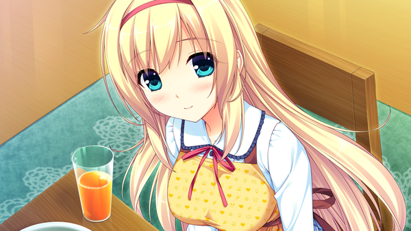 Anime picture 1280x720 with natsu koi high pressure hoshina maria sayori single long hair looking at viewer blush breasts blue eyes blonde hair smile wide image large breasts sitting game cg girl bow hairband chair table