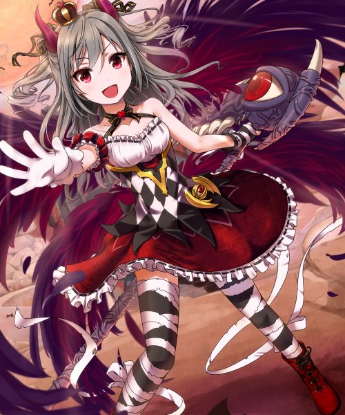 Anime picture 1000x1200 with idolmaster idolmaster cinderella girls kanzaki ranko komore single long hair tall image open mouth red eyes bare shoulders holding horn (horns) grey hair drill hair outstretched hand awakened devil lord girl thighhighs dress gloves