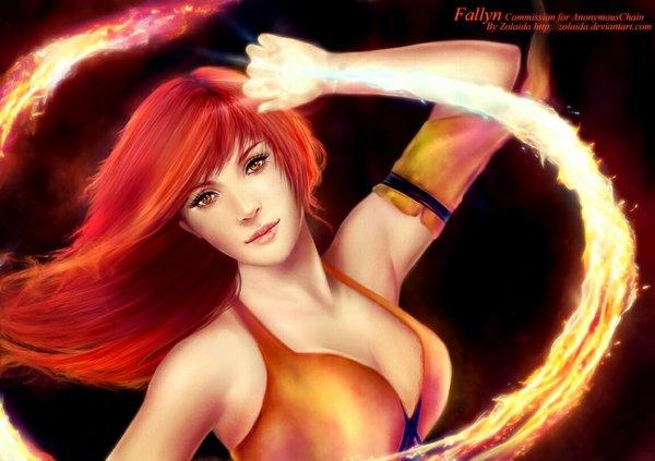 Anime picture 1150x811 with zolaida (artist) single long hair looking at viewer red hair lips realistic orange eyes girl flame