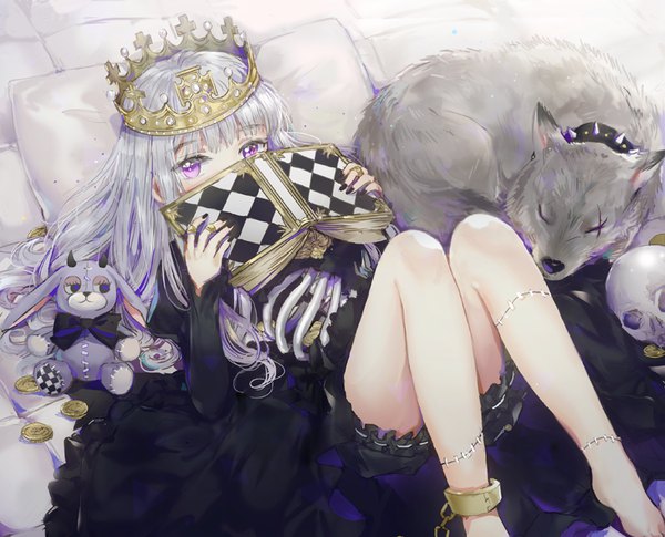 Anime picture 800x647 with original dangmill single long hair looking at viewer blush fringe purple eyes silver hair lying nail polish barefoot bare legs on back scar black nail polish skeleton girl dress animal