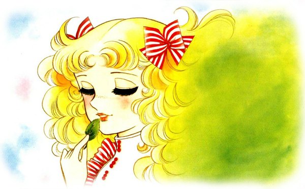 Anime picture 1000x620 with candy candy toei animation candice white ardlay single blush blonde hair wide image eyes closed lips wavy hair girl bow ribbon (ribbons) hair bow leaf (leaves)
