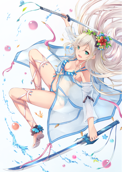 Anime picture 803x1133 with original fuuro (johnsonwade) single long hair tall image fringe breasts open mouth light erotic blonde hair white background holding looking away bent knee (knees) :d hair flower aqua eyes floating hair dual wielding girl