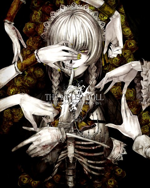 Anime picture 1120x1400 with touhou izayoi sakuya irohara mitabi single tall image fringe holding silver hair braid (braids) nail polish fingernails twin braids pale skin skeleton girl gloves flower (flowers) armor rose (roses) blood