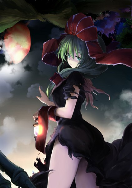 Anime picture 724x1024 with touhou kagiyama hina lefthand single long hair tall image green eyes looking back green hair girl dress bow ribbon (ribbons) hair bow hair ribbon