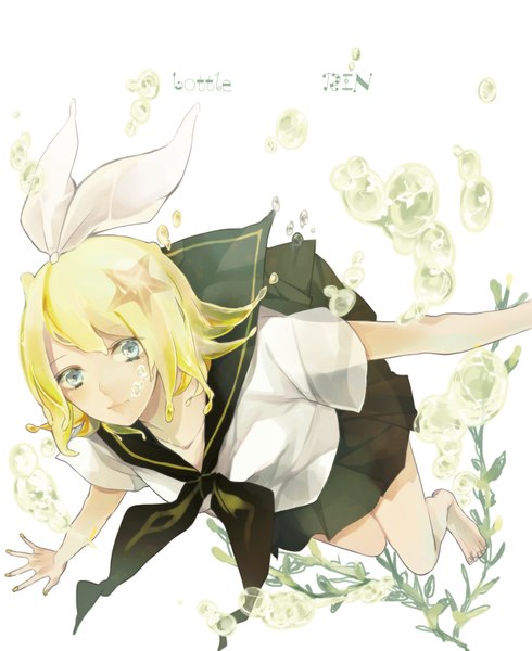 Anime picture 829x1015 with vocaloid kagamine rin bottle rin xxxxxymdy single tall image short hair blue eyes blonde hair white background looking away nail polish barefoot character names spread arms liquid hair yellow nail polish girl uniform bow