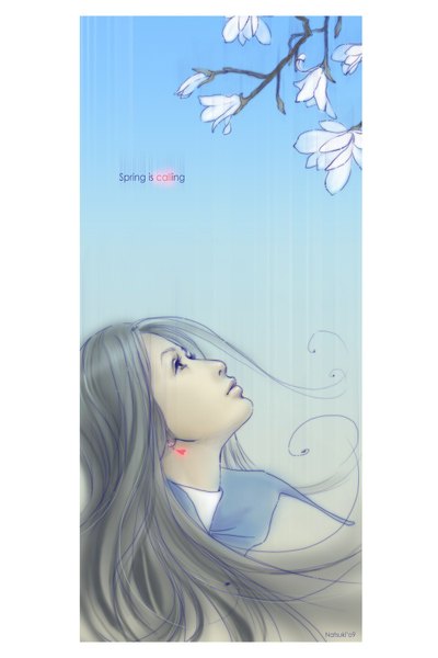 Anime picture 1000x1500 with original natsuki-3 (artist) single long hair tall image grey hair grey eyes border looking up face girl flower (flowers) earrings branch magnolia