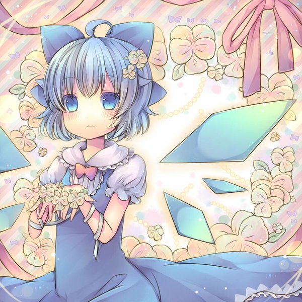 Anime picture 1024x1024 with touhou cirno pjrmhm coa single looking at viewer blush short hair blue eyes blue hair ahoge girl dress flower (flowers) bow ribbon (ribbons) hair bow hair ribbon wings pansy