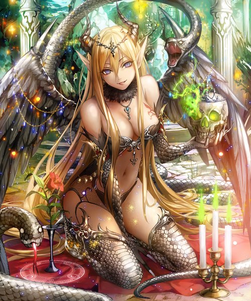 Anime picture 1250x1500 with original komecchi single tall image breasts light erotic blonde hair purple eyes very long hair horn (horns) fingernails bare belly long fingernails girl navel flower (flowers) plant (plants) animal wings skull