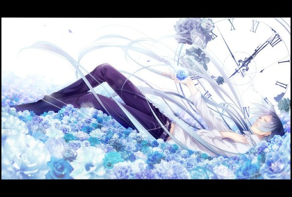 Anime picture 1028x696 with katekyou hitman reborn rokudo mukuro single long hair blue hair eyes closed piercing boy flower (flowers) shirt rose (roses) pants clock