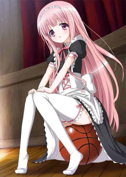 Anime picture 1072x1500 with ro-kyu-bu! project no.9 hakamada hinata fujioka toki single long hair tall image sitting pink hair full body indoors pink eyes maid loli no shoes girl thighhighs dress white thighhighs ball