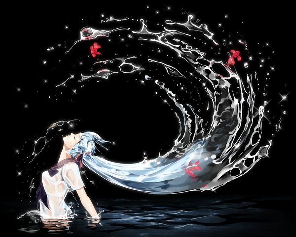 Anime picture 1249x1000 with vocaloid hatsune miku bottle miku bon-da single long hair fringe breasts simple background twintails eyes closed aqua hair wet black background wet clothes glow liquid hair girl ribbon (ribbons) hair ribbon