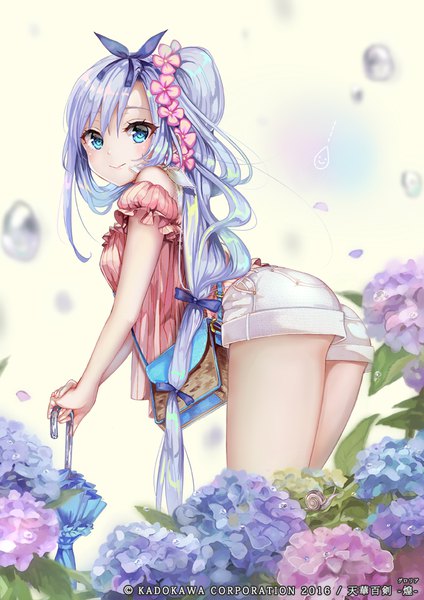 Anime picture 700x990 with original pisuke single long hair tall image looking at viewer blush blue eyes light erotic blue hair hair flower leaning leaning forward closed umbrella girl flower (flowers) bow hair bow petals shorts