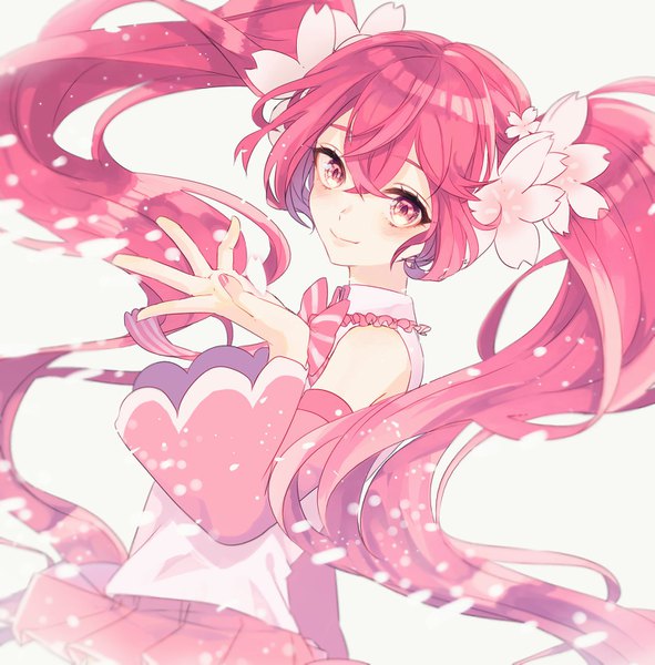 Anime picture 1433x1455 with vocaloid hatsune miku sakura miku yamada chickenko single long hair tall image looking at viewer fringe simple background smile hair between eyes white background pink hair upper body pink eyes hair flower turning head girl flower (flowers)