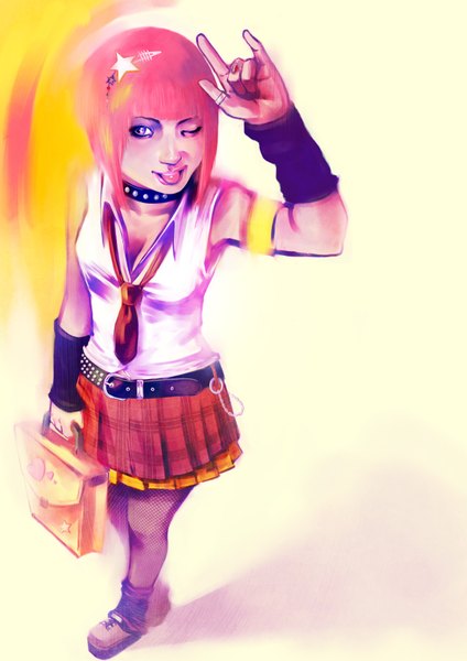 Anime picture 2480x3508 with original samkaat (artist) tall image highres short hair bare shoulders pink hair one eye closed wink teeth tattoo looking up :p girl skirt gloves choker necktie belt hairband