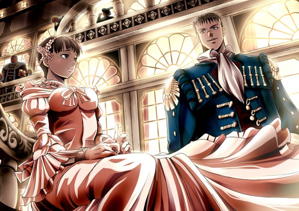 Anime picture 1527x1080 with berserk guts casca judeau corkus pippin (berserk) rickert nikki (donbe) short hair smile brown hair sitting brown eyes hair flower dark skin girl dress boy uniform hair ornament