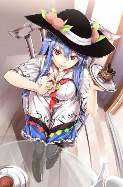 Anime picture 659x1000 with touhou hinanawi tenshi neropaso single long hair tall image looking at viewer red eyes blue hair from above eating girl dress hat pantyhose boots sweets chair table fruit