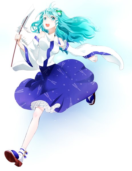 Anime picture 1000x1296 with touhou kochiya sanae yamada ranga single long hair tall image looking at viewer open mouth simple background white background aqua eyes aqua hair running girl hair ornament detached sleeves hair tubes