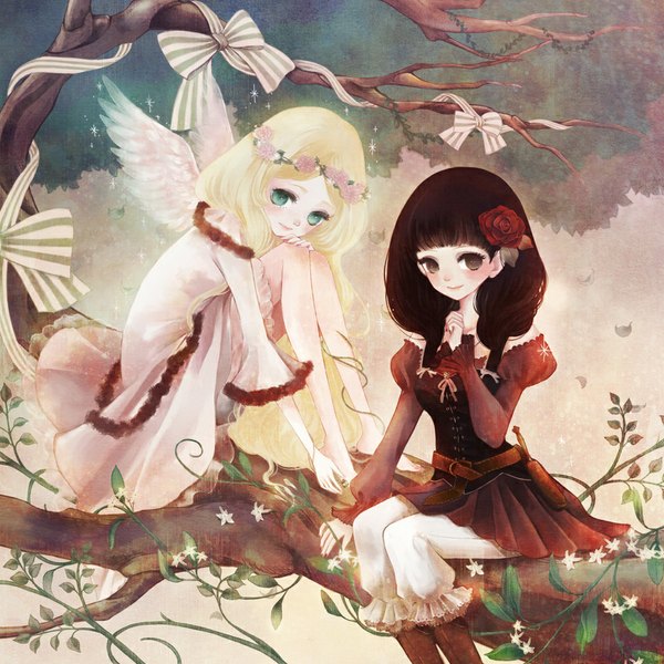 Anime picture 1000x1000 with original shindog long hair looking at viewer blush blue eyes blonde hair sitting twintails bare shoulders multiple girls brown eyes red hair hair flower no shoes pale skin angel wings girl hair ornament flower (flowers)