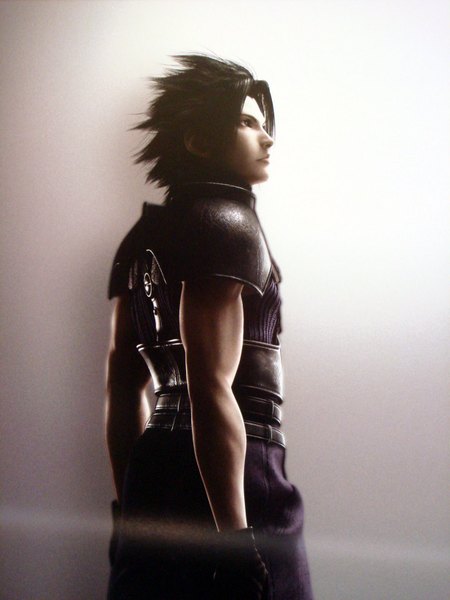 Anime picture 1224x1632 with final fantasy final fantasy vii crisis core final fantasy vii square enix zack fair single tall image short hair black hair simple background profile realistic grey background looking up boy gloves black gloves armor turtleneck