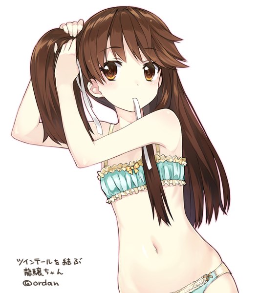 Anime picture 884x1000 with kantai collection ryuujou light aircraft carrier orda single long hair tall image looking at viewer light erotic simple background brown hair white background bare shoulders holding brown eyes signed inscription bare belly underwear only mouth hold adjusting hair