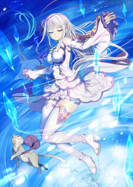 Anime picture 1200x1683 with re:zero kara hajimeru isekai seikatsu white fox emilia (re:zero) puck (re:zero) mikazuki akira single long hair tall image fringe highres breasts blue eyes smile cleavage silver hair full body bent knee (knees) braid (braids) pleated skirt hair flower